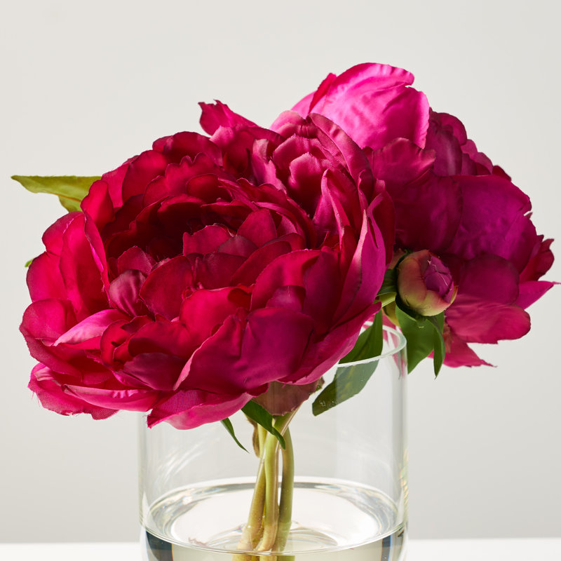 Beauty Peony Faux Water Illusion Floral Arrangement In Small Clear Glass Urn