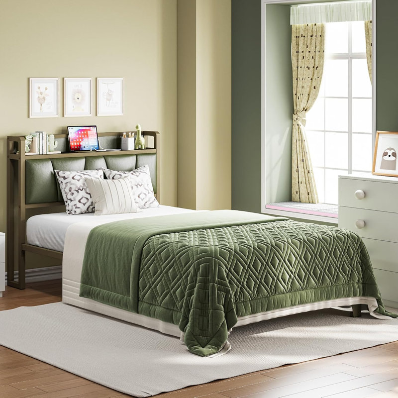 Green Twin Size Bed With Charging Station