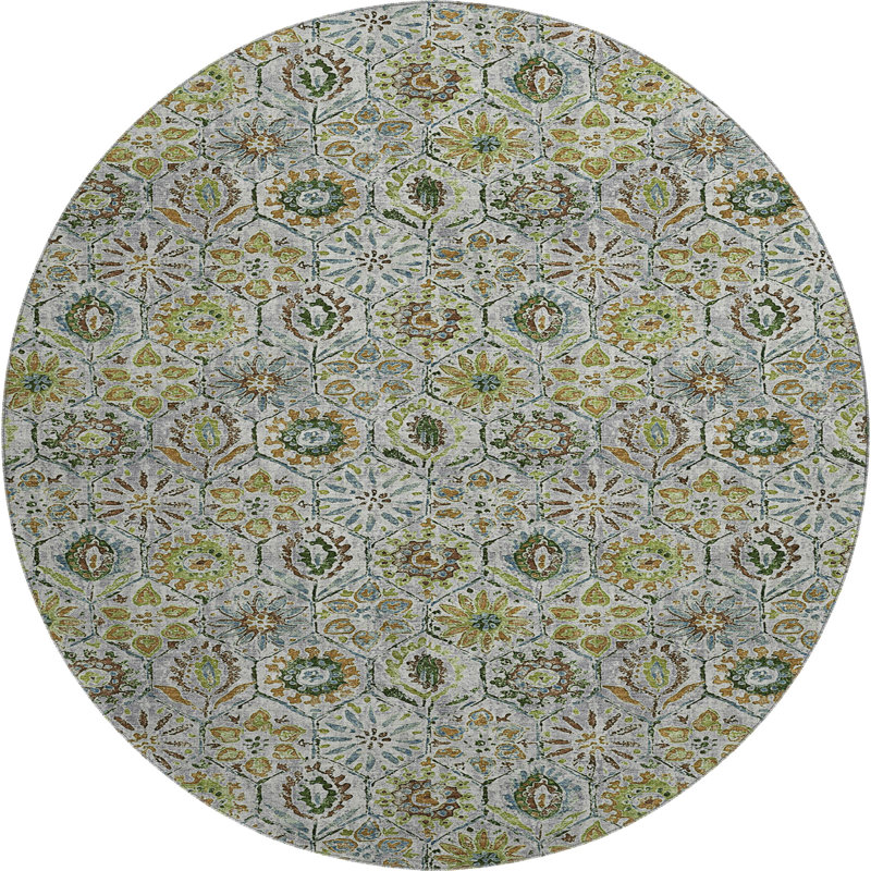 Premium Machine Washable Ralston AMF1938 Floral Rug, Round 8'