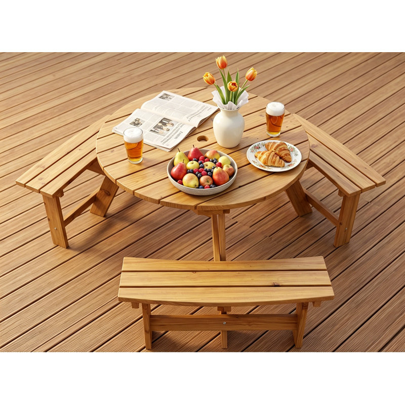 Table de pique-nique d'extérieur en bois avec bancs incurvés et parasol, Jaune