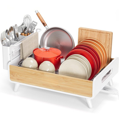 Dish Drying Rack For Kitchen Counter, Dish Rack With Large Removable Utensil Holder, Dish Drainer With Adjustable Automatic Spout, (White)