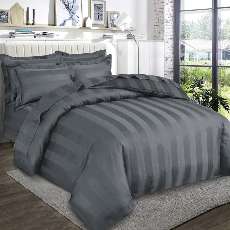 Renze Microfiber 250 TC Reversible Stripe Duvet Cover Set with Pillowcases, Single Duvet Cover + 1 Standard  Pillowcase, Grey