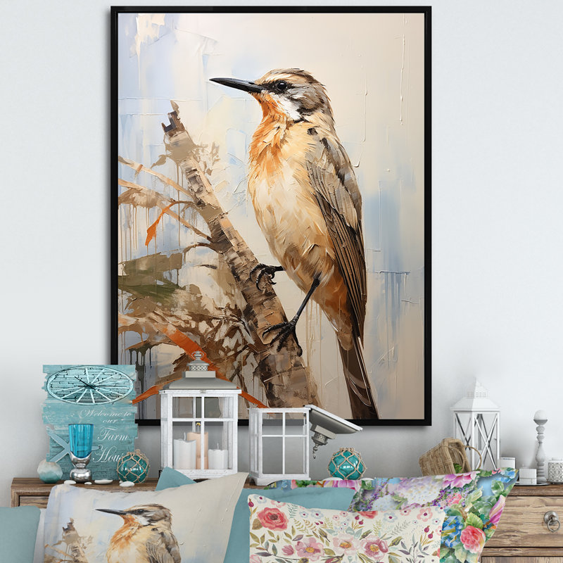 «Beige Elegant Natures Songbirds» sur toile, Encadrement doré, 40" H x 30" W