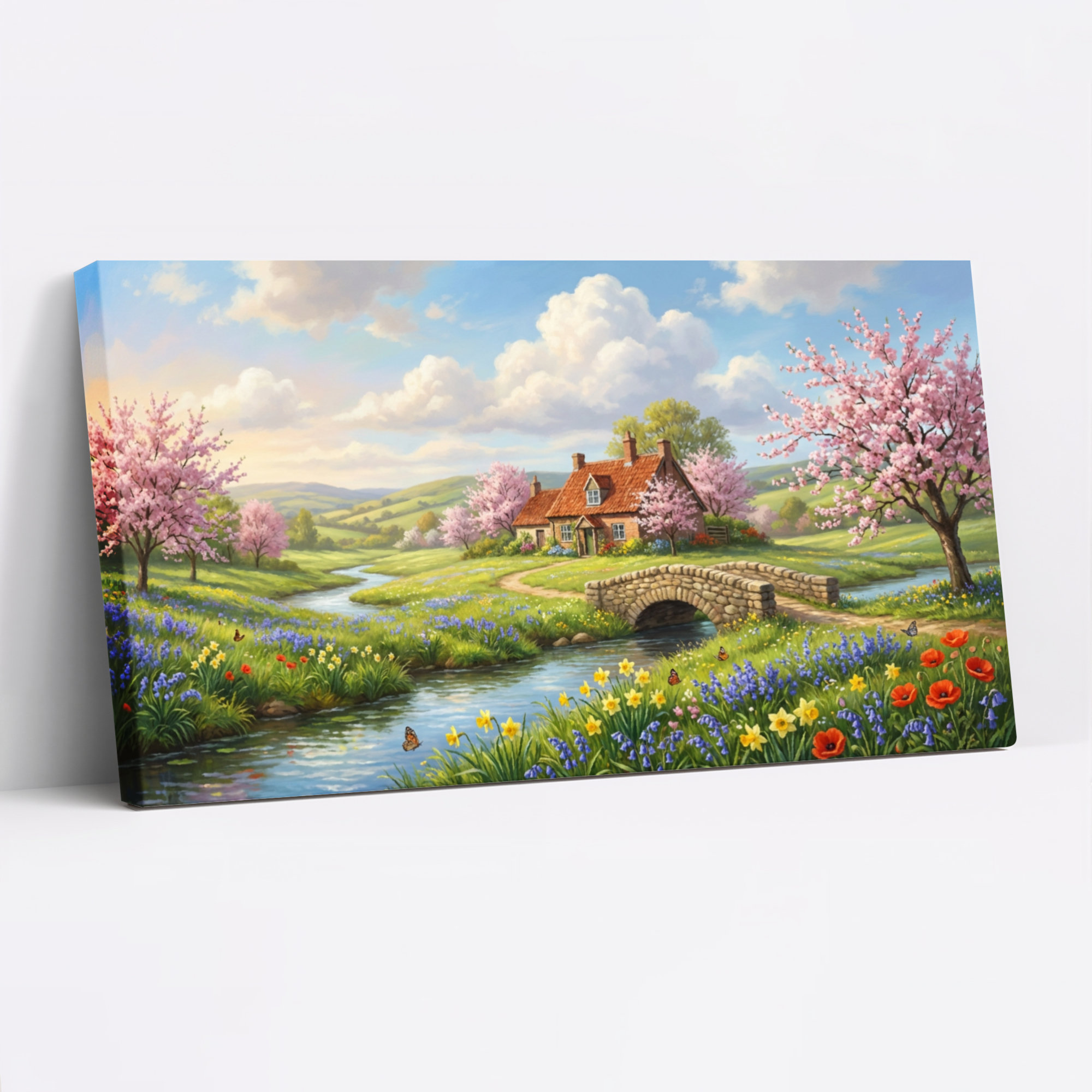 Winston Porter Cherry Blossom Cottage Landscape Canvas Wrapped Wall Art ...