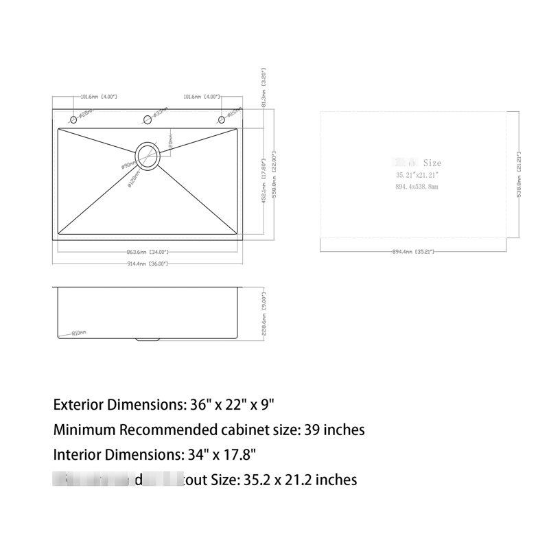 Évier de cuisine encastré 36 po à cuve simple de 36 po en acier inoxydable T 304 de calibre 16 avec conception en coin R10 pour la prévention de la rouille, drainage rapide en forme de X, revêtement et rembourrage, installation de drain incluse