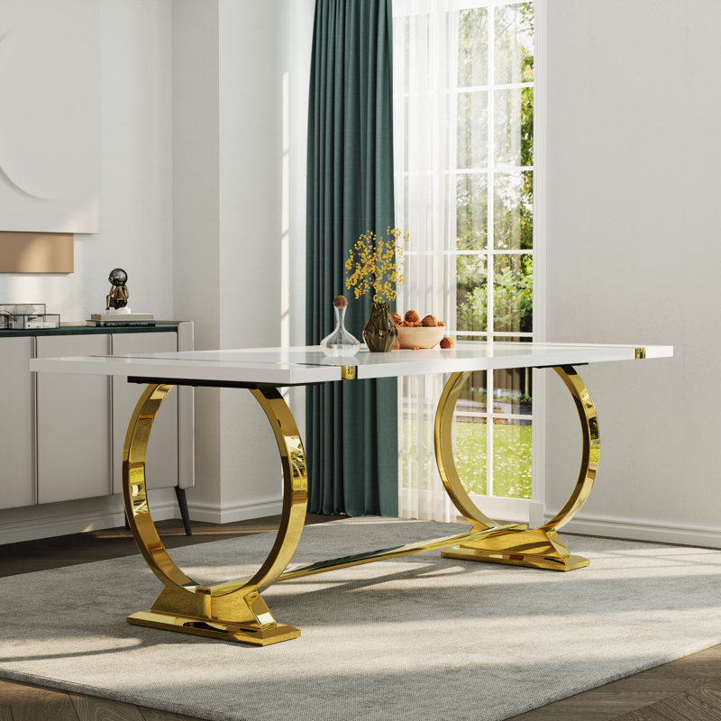 Table de salle à manger de luxe blanche 80 pouces avec base en forme de U, Doré