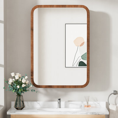 20" W X 28" H   Modern Rounded Edge Wood Medicine Cabinet with Mirror, Soft-Close Reversible Door, Adjustable Glass Shelves, Wall-Mount or Recessed, Fully Assembled
