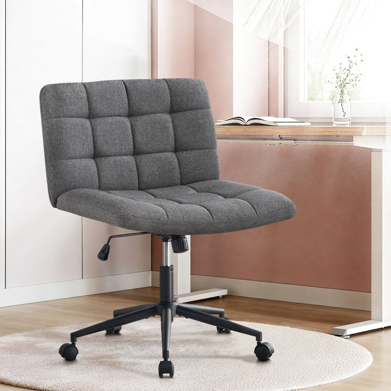 Fauteuil de bureau à roulettes en lin gris foncé à hauteur réglable avec mouvement à 360 ° et taille compacte pour roulettes de bureau, pivotant, à hauteur, avec accoudoirs confortables (sans accoudoirs)