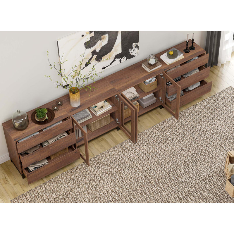 Commode 4 en 1 moderne avec portes en verre et 6 tiroirs, armoire de rangement avec tablettes réglables, commode pour chambre à coucher