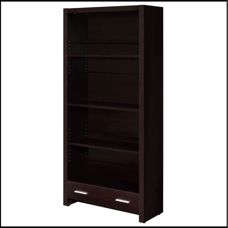Élégante bibliothèque à 5 tablettes avec tiroir Cappuccino pour un rangement et une élégance améliorés, parfaite pour un décor moderne et traditionnel.