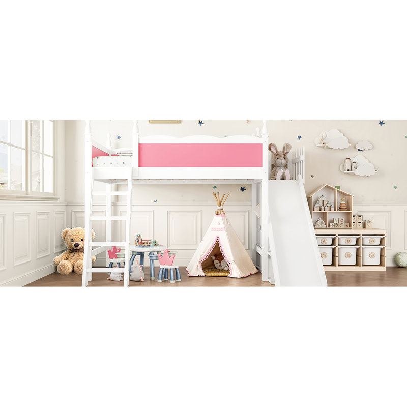 Twin Solid Wood Loft Bed Pink And White, With Detachable Slide, Storage Shelves Adaptable Room Setup White Shelves, Wardrobe, Creative Practical