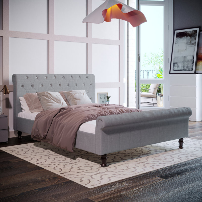 Barr Upholstered Velvet Sleigh Bed, Kingsize (5'), Light Grey Linen