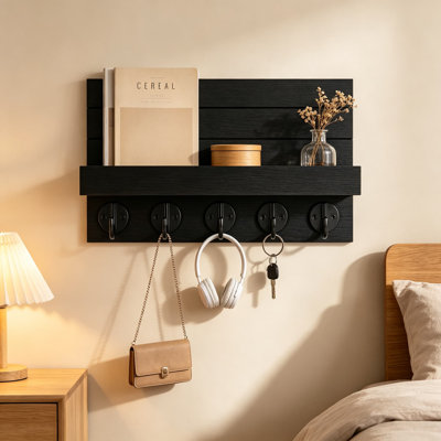 Wall Mounted Key Holder with Shelf and Hooks, Decorative Key and Mail Organizer for Entryway, Wood Key Rack with Large Hooks for Keys, Sunglasses, and Hats