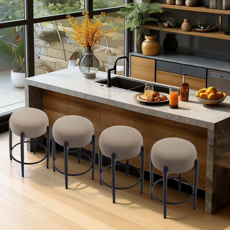 24" Modern Upholstered Bar Stool, Round Counter Height Stool with Black Metal Frame & Footrest, Soft Lambswool-Inspired Seat for Kitchen Island