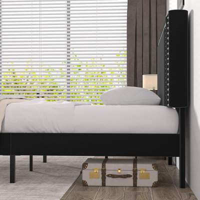 Twin Size Black Velvet Upholstered Platform Bed with Adjustable Headboard, Modern Bed Frame with Wood Slats, No Box Spring Needed