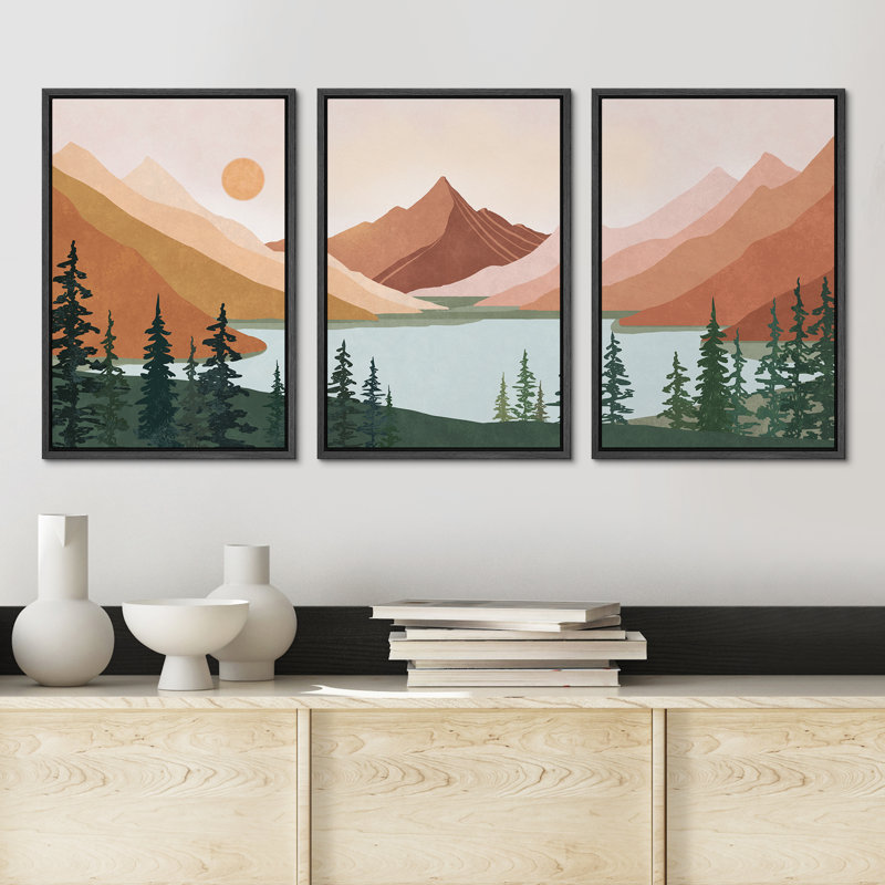 «Sun Mountain Landscape Forest Lake Abstract Minimal Nature Scene», reproduction d'art sur toile encadrée 3 pièces, Noir