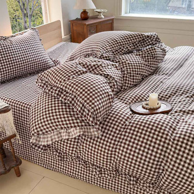 Gingham Ruffled Comforter Set, Pre-Washed Microfiber Ultra-Soft Plaid Checked Comforter Set