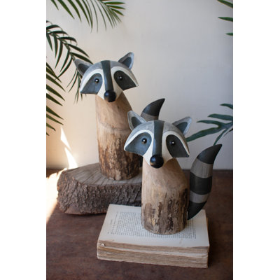  Recycled Wood & Iron Raccoons, 12"H – Distressed Multi-Tone Decorative Animal Accents, Set of Two