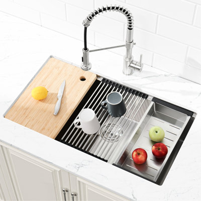 Stainless Steel 33X19 Undermount Sink With Cutting Board & Colander. 304 Material For Longevity. Scratch- Surface. Spacious Single Bowl Design. Sound Absorbing Layers. Smooth Rounded Corners Kitchen