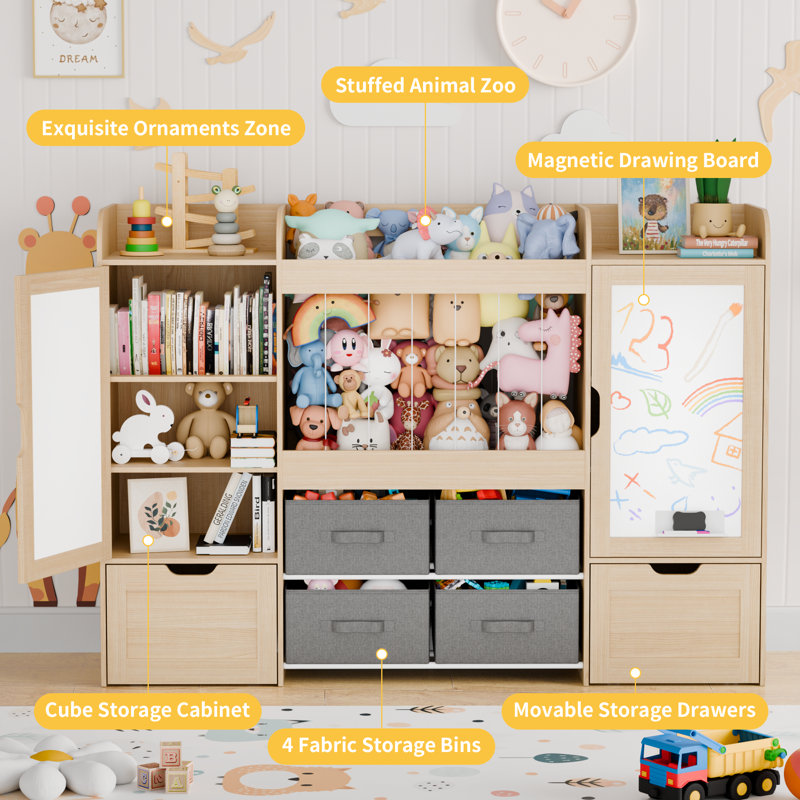 61"W Toys Storage Organizer, Kids Bookcases With Stuffed Animal Storage, 2 Movable Drawers, 4 Storage Bins And 2 Magnetic Drawing Board, Montessori Bookshelf For Kids Room, Playroom, Bedroom, Oak