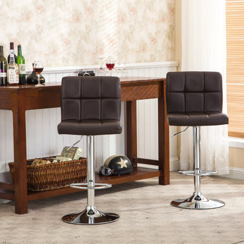 Swivel Faux Leather Adjustable Hydraulic Bar Stool, Set Of 2, Brown
