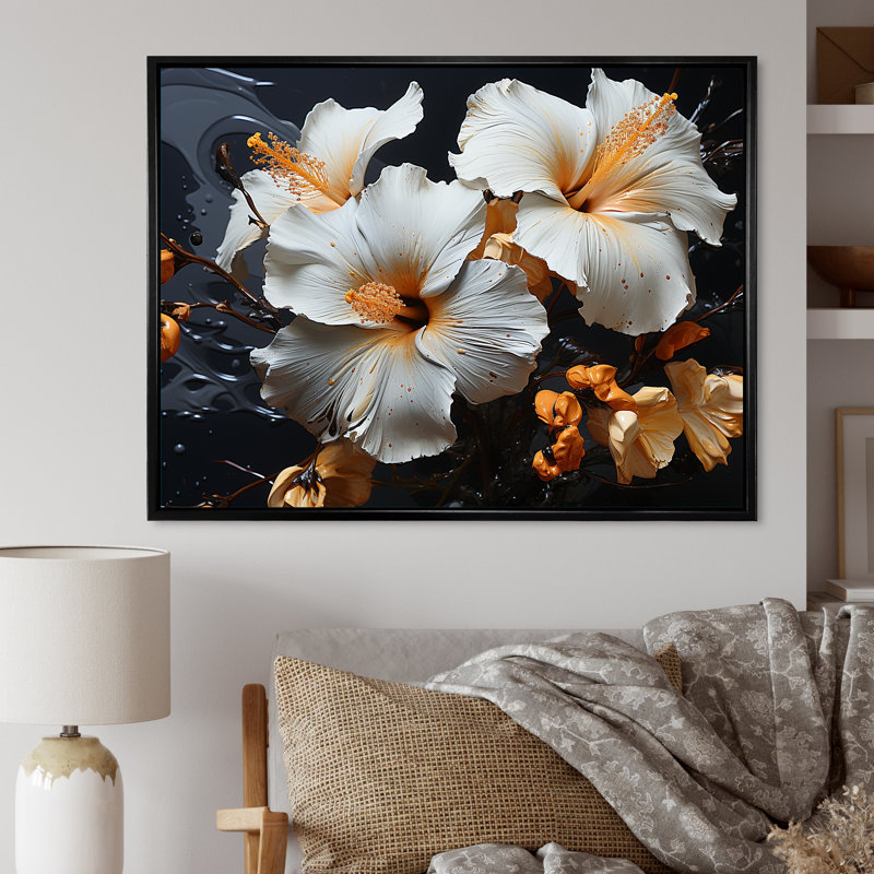 «Hibiscus Orange Blossums» sur toile, Cadre flottant noir, H 24 po x l 32 po x P 1 po