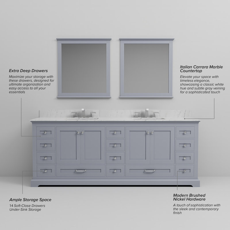 Dukes 84" Double Bathroom Vanity Set, Dark Gray, White Carrara Marble