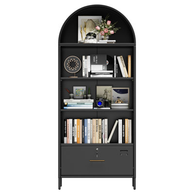 72.8" H Metal Arched Storage Display Bookcase Cabinet, Office Storage Cabinet, Arched Bookshelf With Adjustable Shelves And 1 Bottom Drawer For Home O by Latitude Run