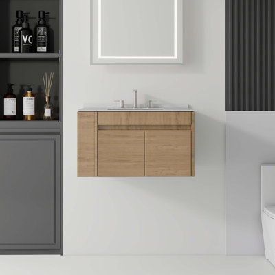 Meuble-lavabo suspendu avec lavabo et porte à fermeture amortie, comptoir en marbre reconstitué