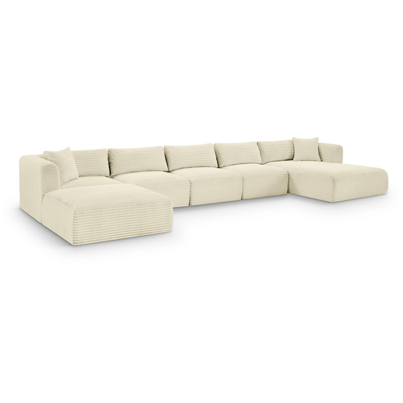Canapé modulaire Carmean, Velours côtelé texturé crème, 3 sans accoudoirs, 1 méridienne, 1 d'angle et 1 r