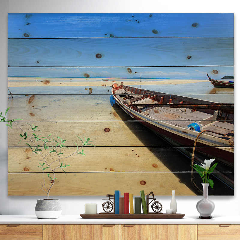Photographie "traditionnel du bateau thaï on beach", H 34 po x l 44 po, Art sur bois