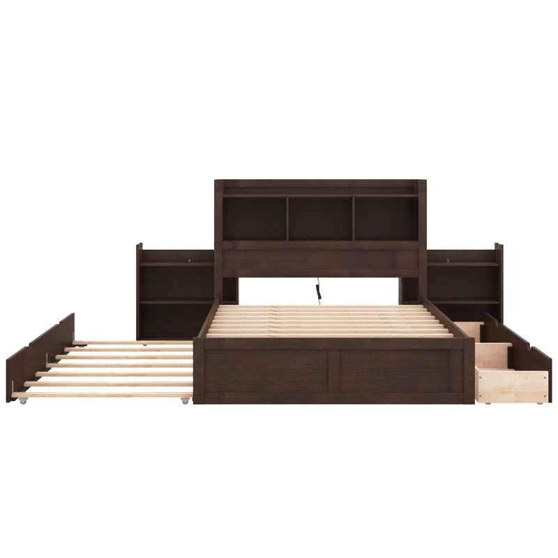 Lit plateforme pleine grandeur avec tablettes coulissantes, lit gigogne simple et 2 tiroirs