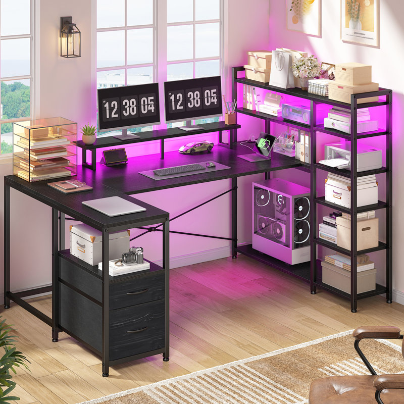 63" Reversible U-Shaped Computer Gaming Desk With Power Outlet & LED Lights, 6-Tier Storage Shelves & 2 Fabric Drawers