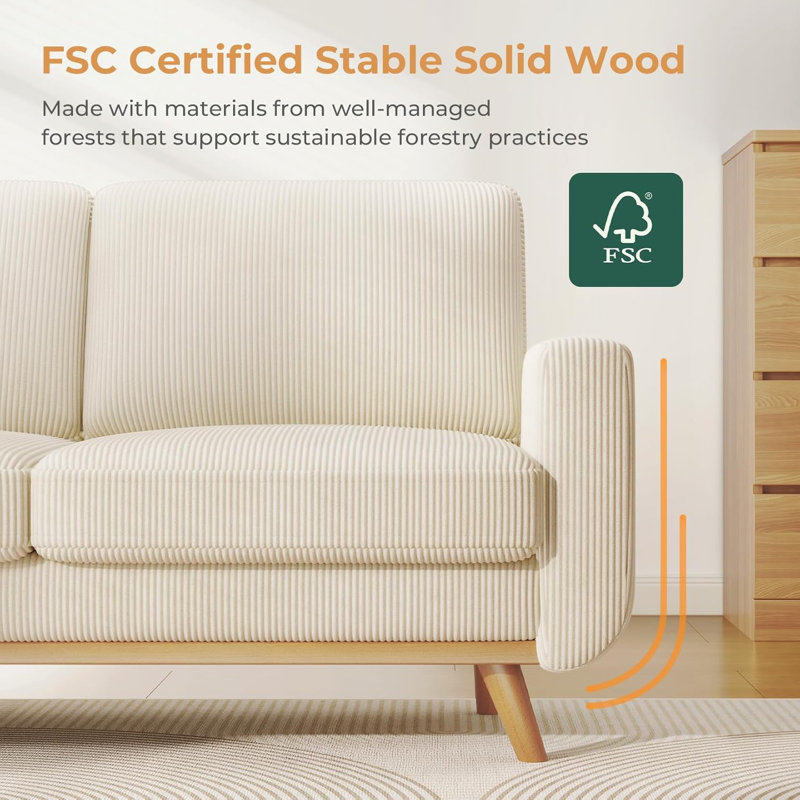 68" Beige Corduroy Loveseat Sofa with Oak Legs