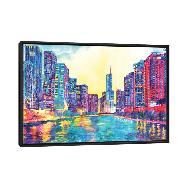 «Chicago River» par Maja Wronska, impression sur toile, H 18 po x l 26 po x P 1,5 po, Toile avec cadre noir, Pas de tapis