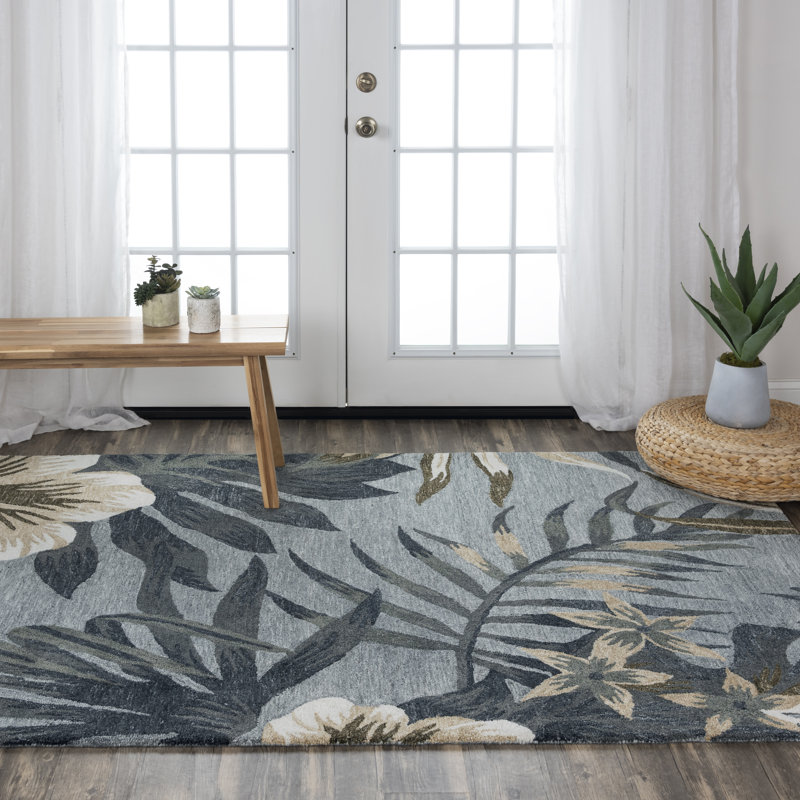 Tapis rectangulaire ivoire / gris touffeté à la main à motif floral recyclé Aurick, Rectangle 7 pi 9 po x 9 pi 9 po