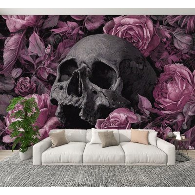 Peel and Stick Wallpaper Pink Floral Dark Skull Black Vintage Gothic Rose Flowers Skull Wall Murals 100"H x 144"W Removable PVC Wall Paper Self-Adhesive Wall Decor for Bedroom Living Room Home Office