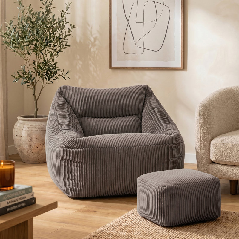 icon Natalia Large Beanbag and Pouffe Set Corduroy Navy Blue, Charcoal Grey