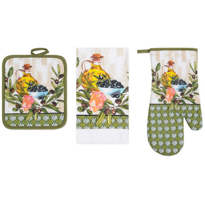 PREMIUS 3 Piece Printed Kitchen Linen Set, Olive Branch, 1 Cotton Towel, 1 Pot Holder, 1 Oven Mitt