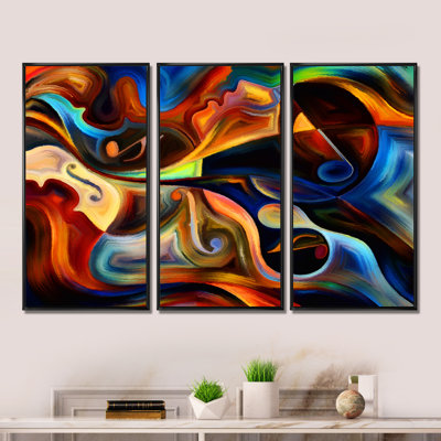 Bleu, orange et jaune sur fond noir, ensemble d'art moderne sur toile encadrée moderne