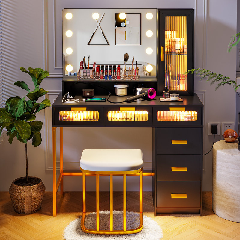 Seandell 49.5" W Solid and Manufactured Wood Makeup Vanity with Lighted Motion-Sensor Mirror , Black