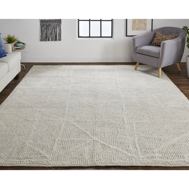 Alford Hand Knotted Wool Area Rug in Ivory, Rectangle 7'9" x 9'9"