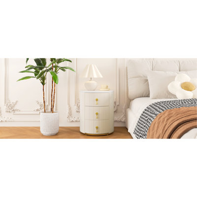 Table de chevet rembourrée avec 3 tiroirs, table de chevet ronde avec poignées en métal, table de chevet à dessus marbré pour la chambre à coucher, entièrement assemblée, sauf les poignées