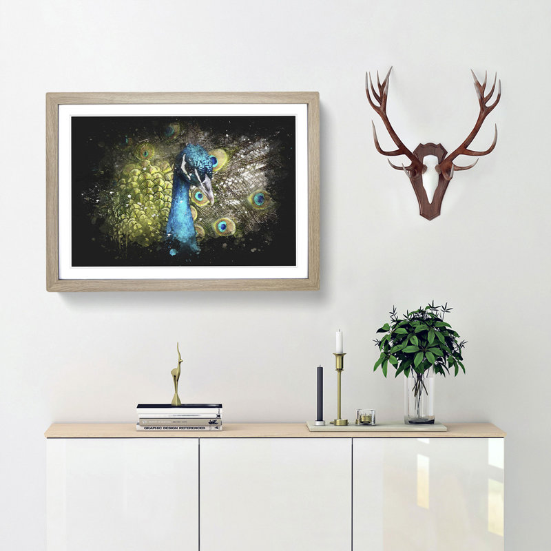 Dazzling Peacock Bird Paint Splash - Picture Frame Graphic Art, Oak Framed, 24cm H x 33cm W x 2cm D