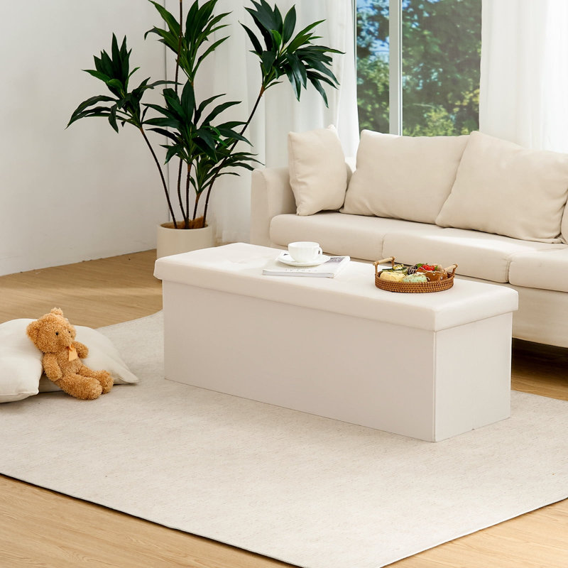 Folding Storage Velvet Bedroom Bench With Storage, Cream, 15" H x 43" W x 15" D