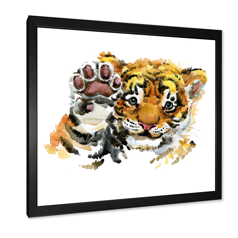 Illustration d'un mignon petit tigre - sur, Impression noire sur toile encadrée, H 16 po x l 16 po x P 1 po