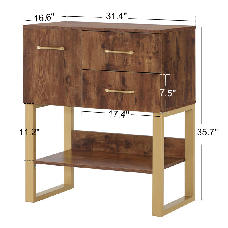Console Quintonio avec tiroir, armoire de rangement et tablette moderne, Brun rustique, Doré