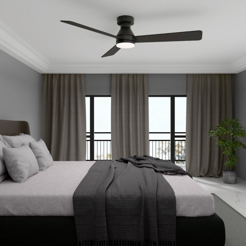 Aero 52in 3-Blade Smart Flush Mount Fan 2700K-6000K CCT Tunable Range LED Light Kit with Remote Control and Black Hardware with Reversible Blades Weathered Wood or Black Works With iOS or Android App