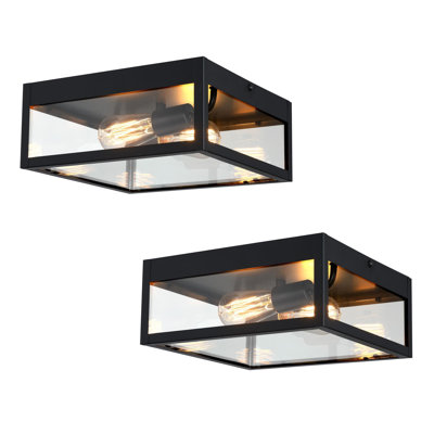 2 Pack 2-Light 12-in Matte Black Flush Mount With Clear Glass Shade