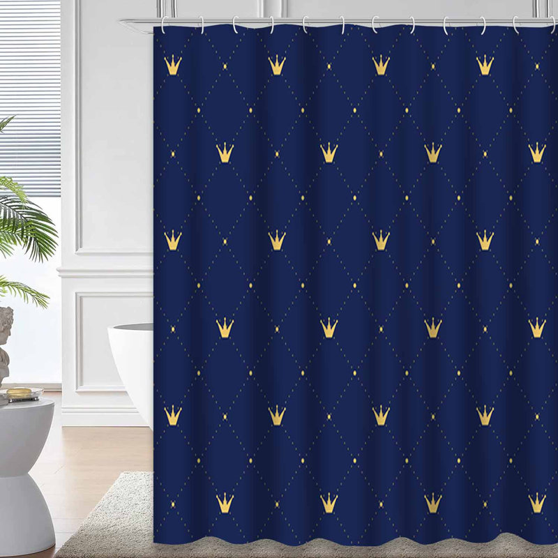 Rideau de douche bleu marine à couronne dorée de style rétro avec 12 crochets, L 72 po x l 72 po